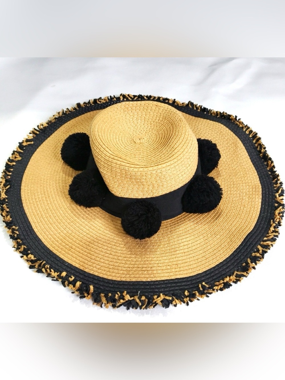 Betsey Johnson straw hat with black Pom poms